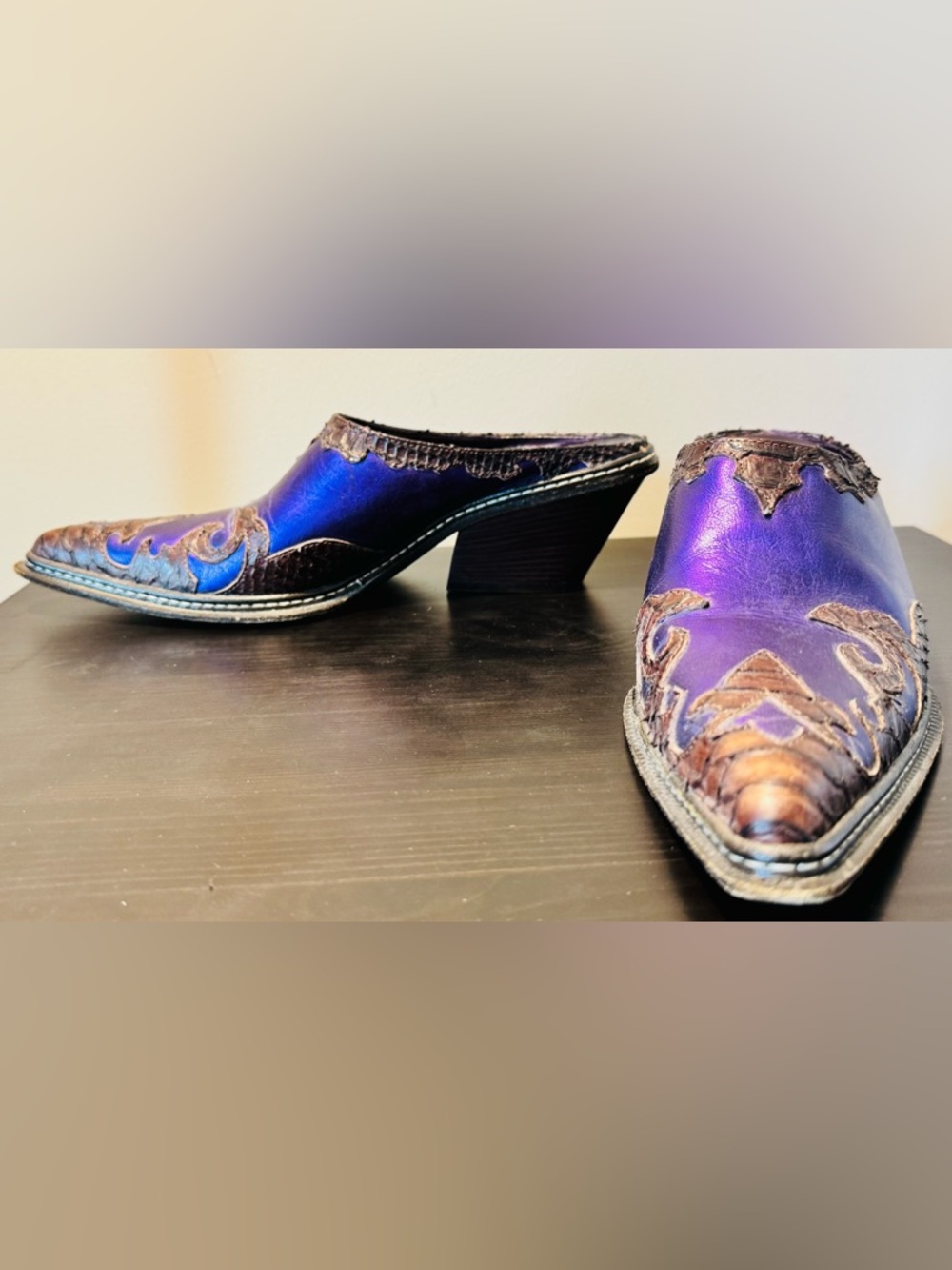 Donald J. Pliner Western Couture Collection Leather Purple Mules with Brown Trim - Picture 3 of 10